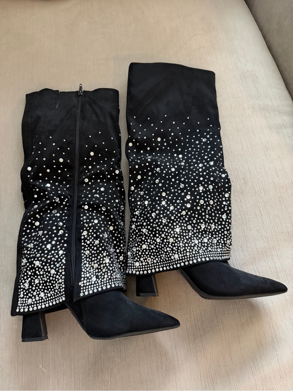 Black Rhinestone Knee-High Boots - Women's Stylish Evening Boots